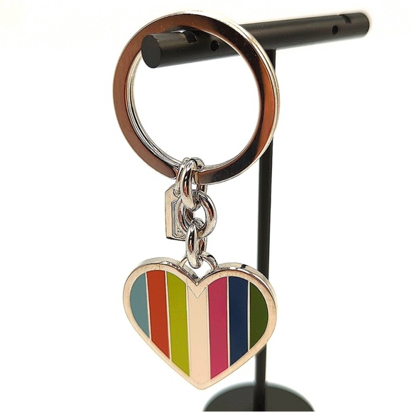 Coach Multi Legacy Stripe Heart Keychain Key Ring Fob MINT NWOT - Picture 4 of 4
